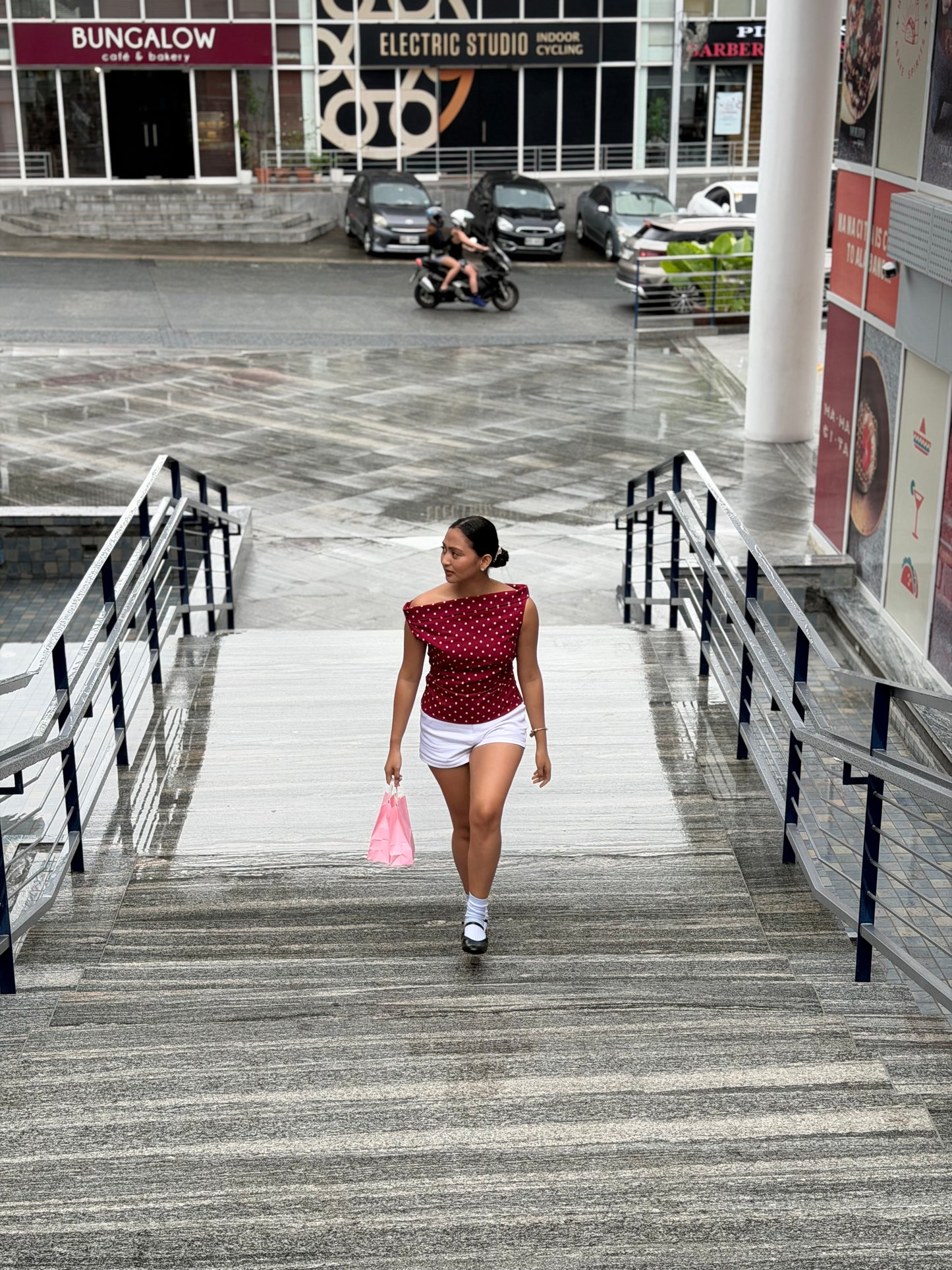 Candice Asymmetrical Top in Maroon Polka