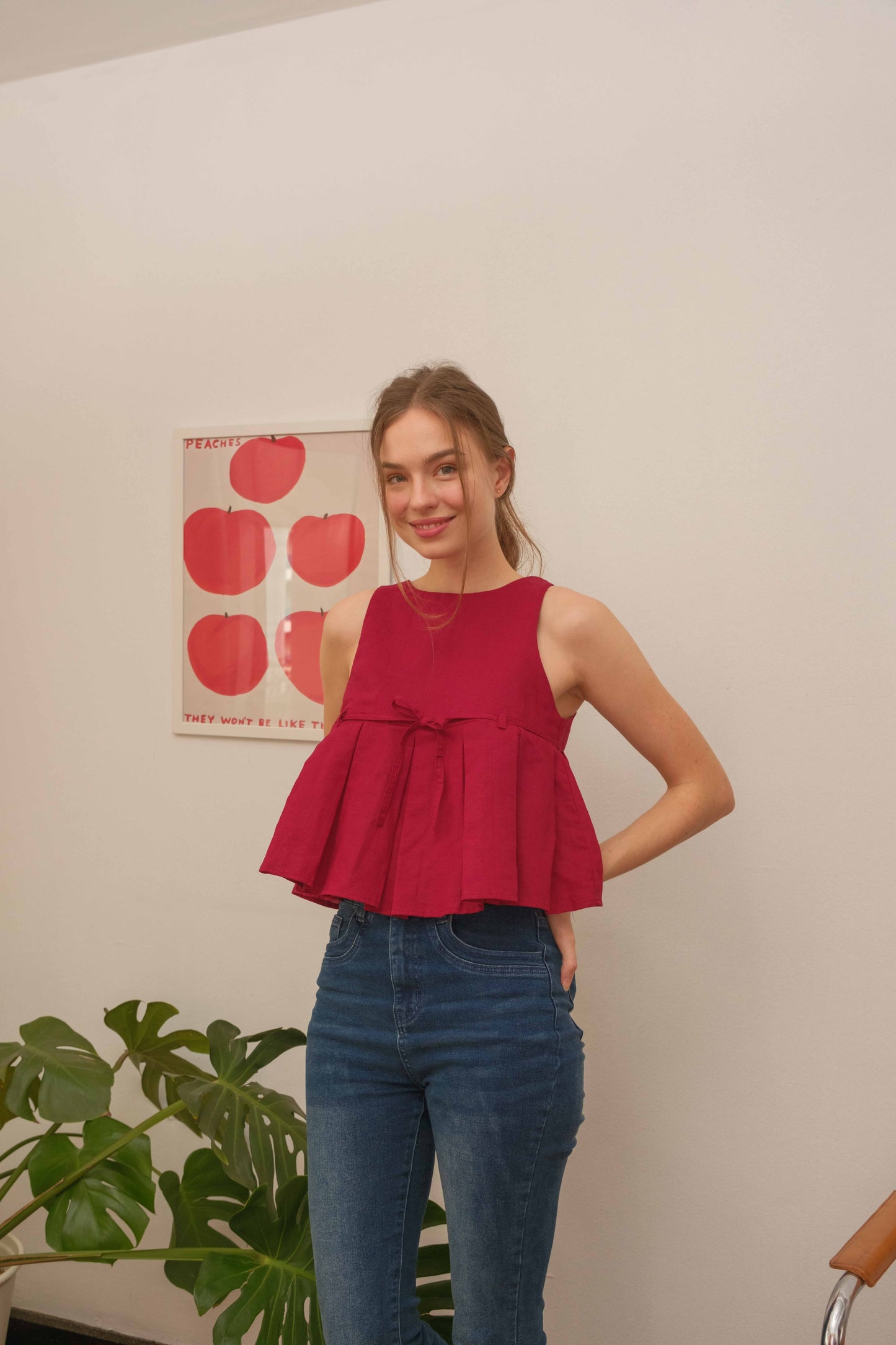 Sienna Pleated Linen Top — Wine