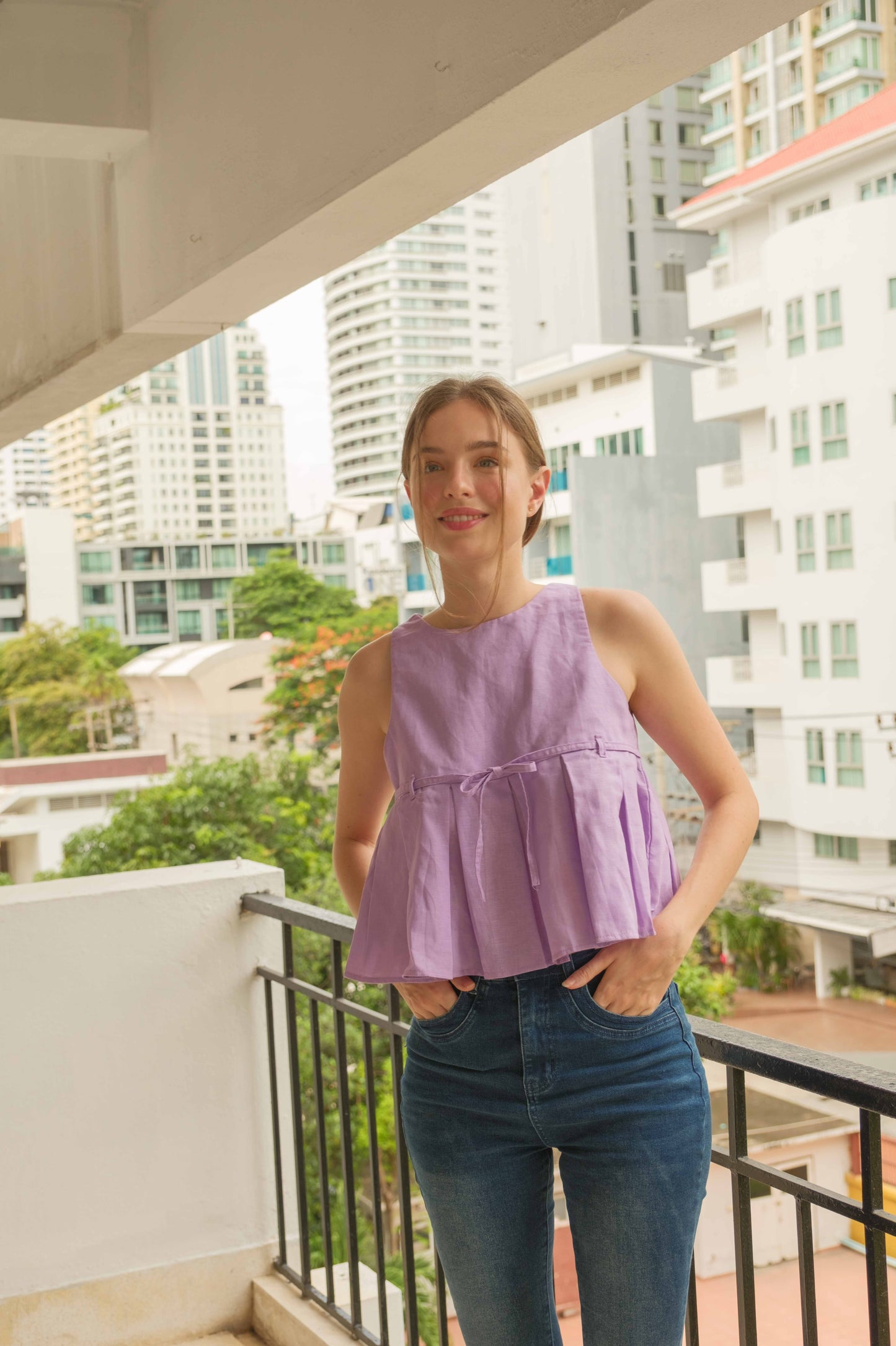 Sienna Pleated Linen Top — Lilac