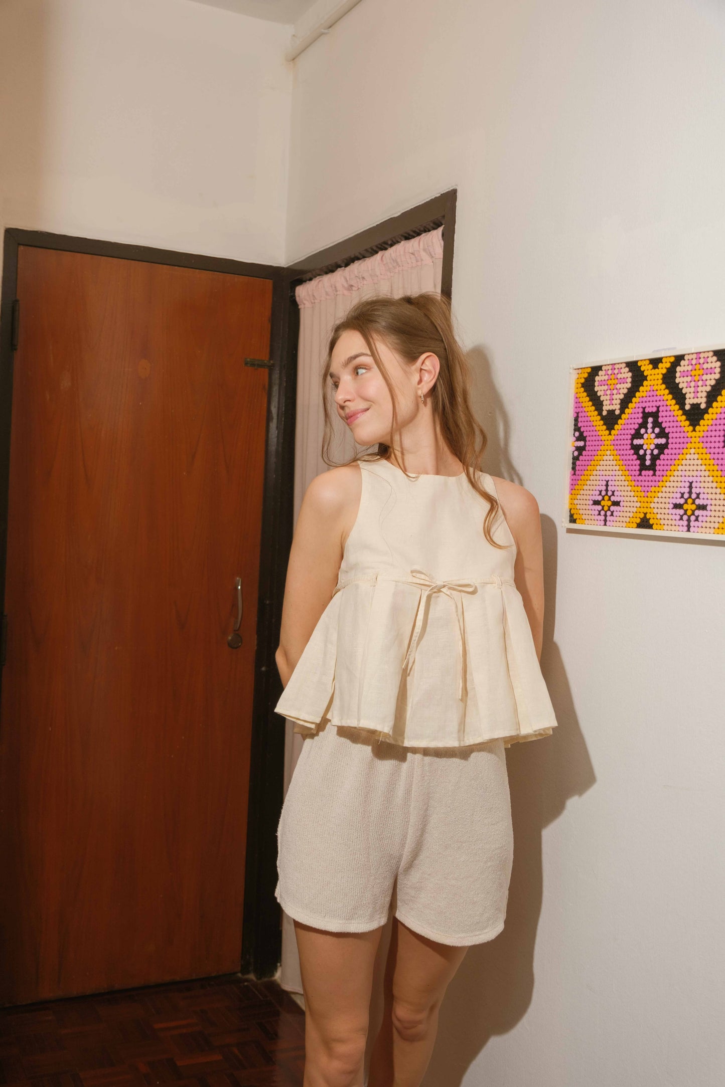 Sienna Pleated Linen Top — Cream