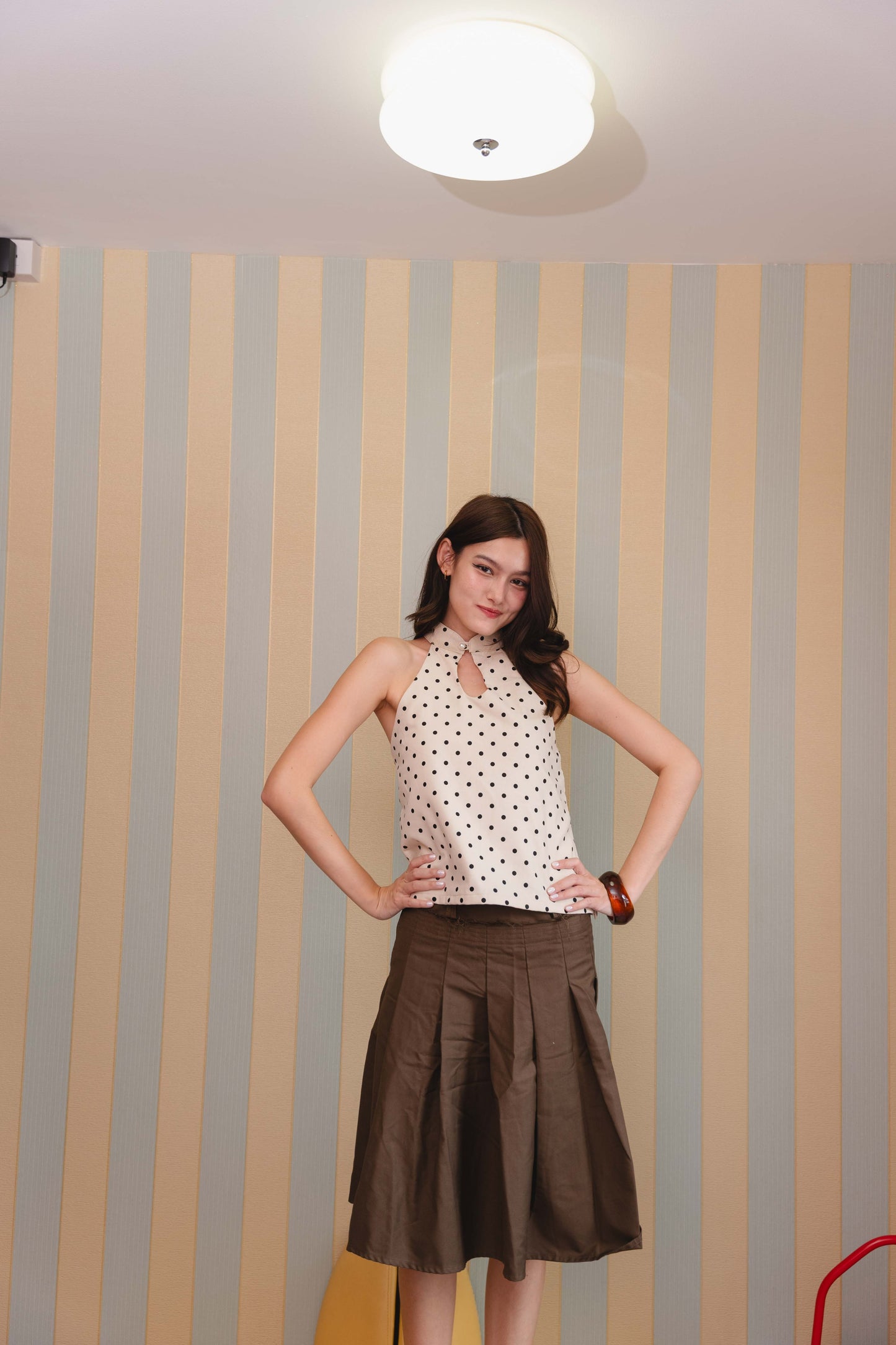 Lola Halter Top in Beige & Black Polka