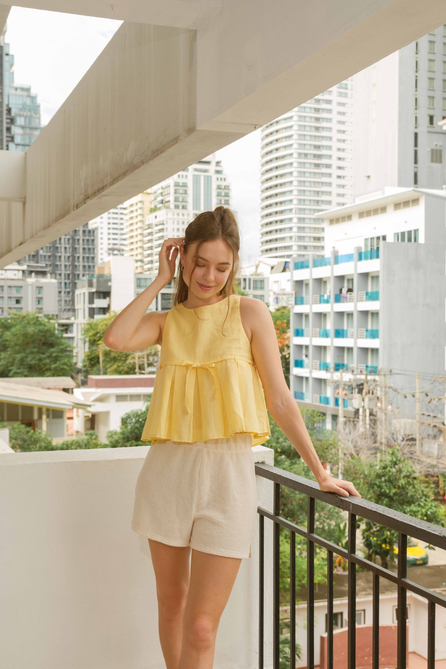 Sienna Pleated Linen Top — Butter Yellow