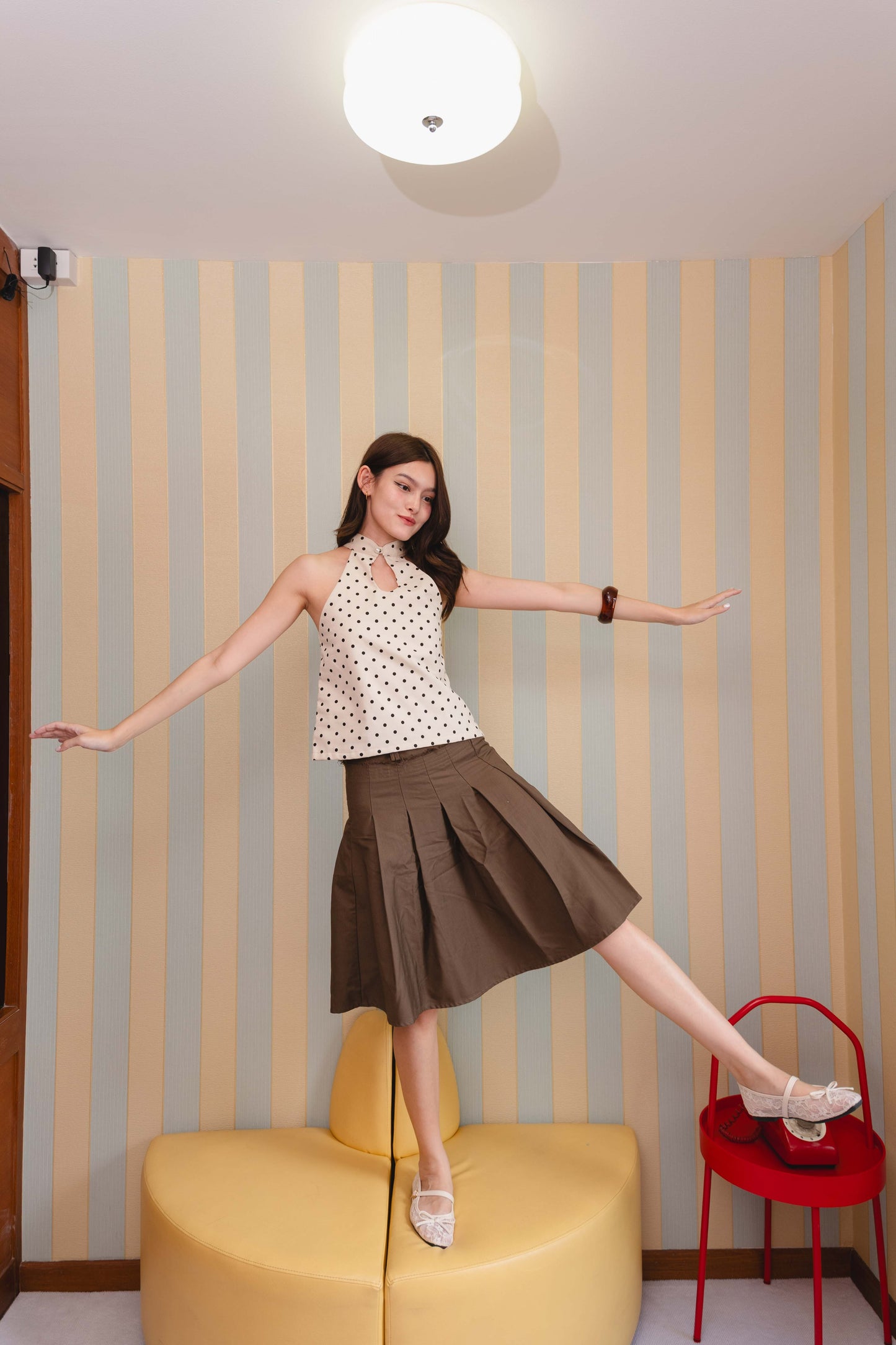 Lola Halter Top in Beige & Black Polka