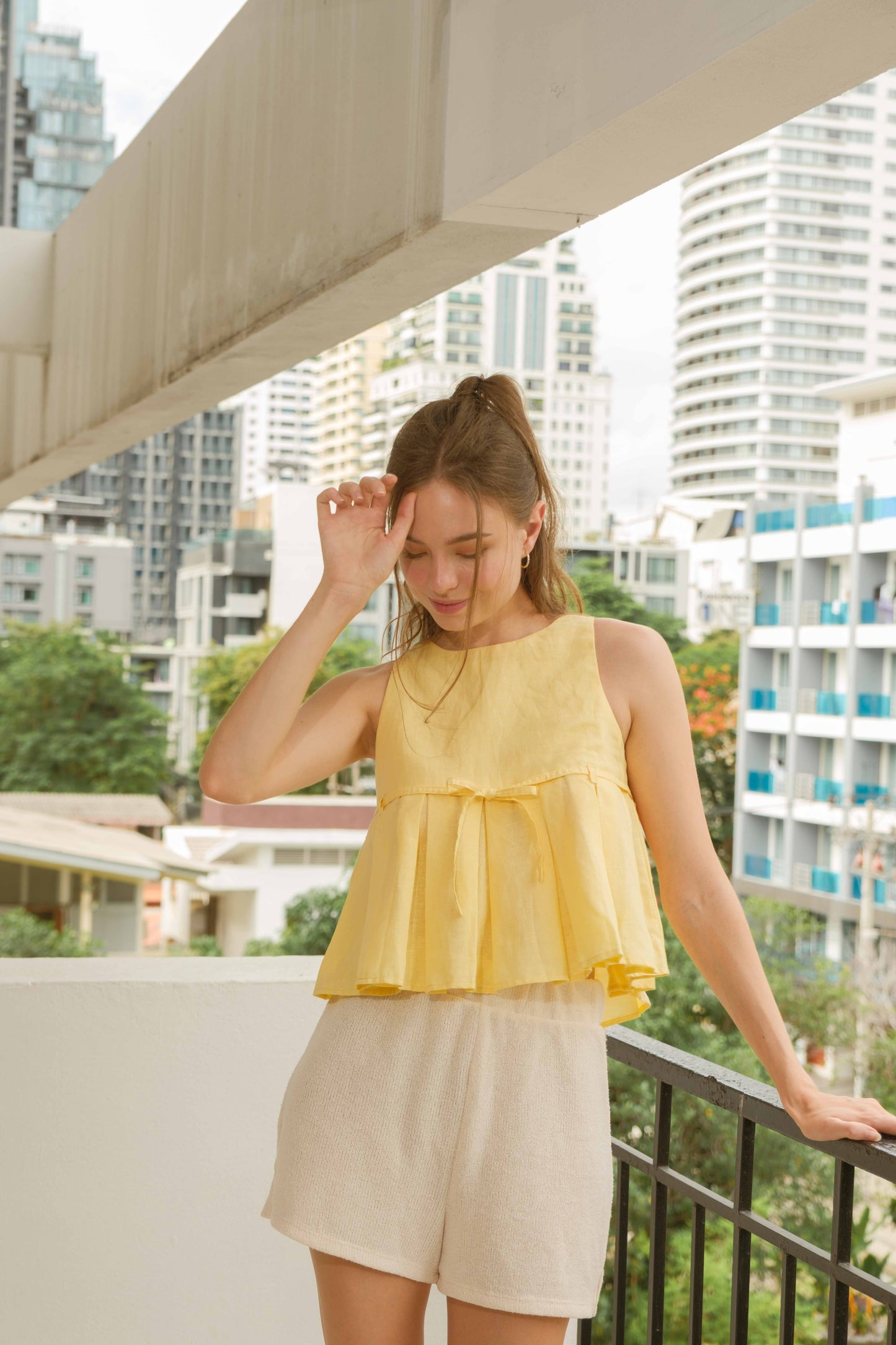 Sienna Pleated Linen Top — Butter Yellow