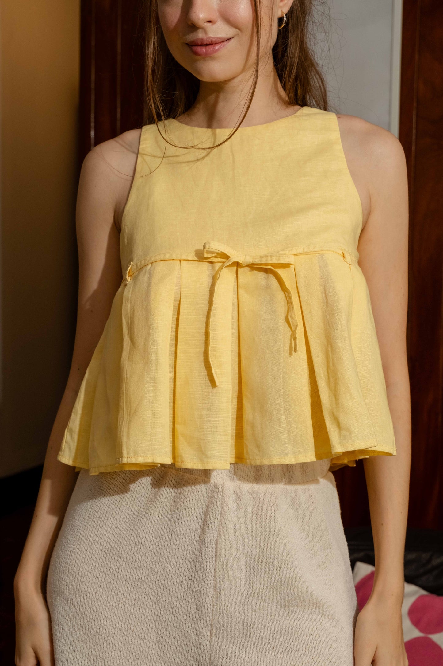 Sienna Pleated Linen Top — Butter Yellow