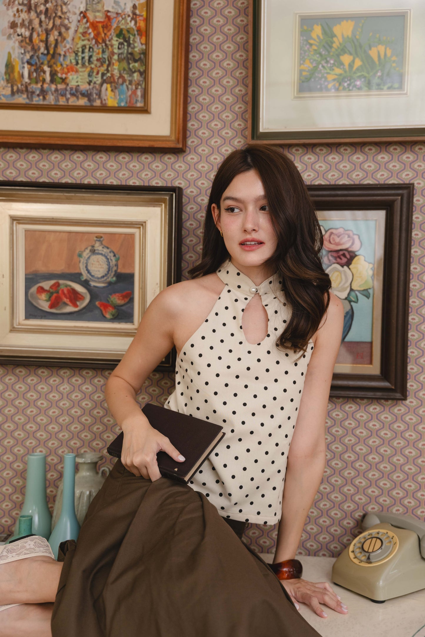 Lola Halter Top in Beige & Black Polka