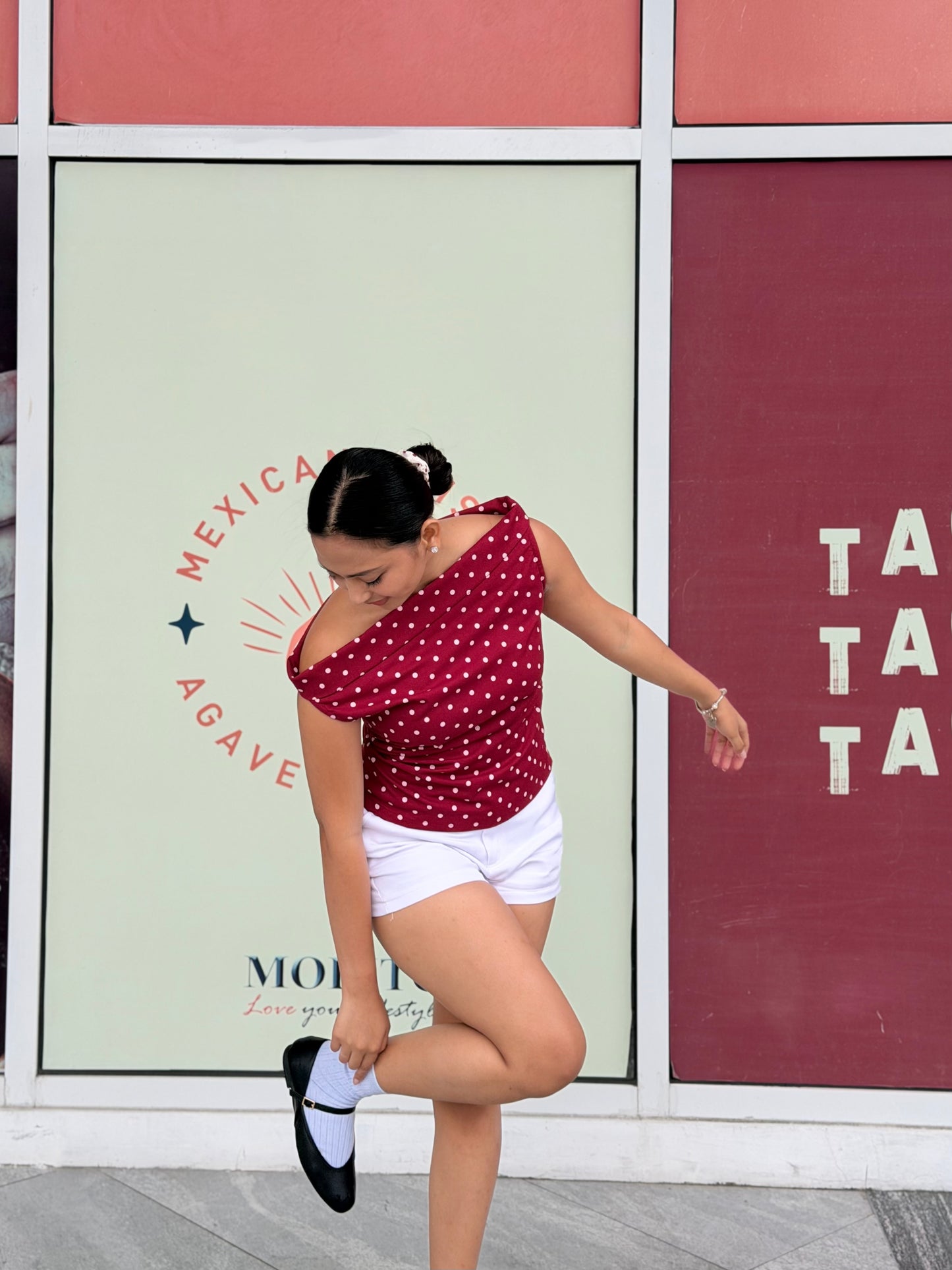 Candice Asymmetrical Top in Maroon Polka
