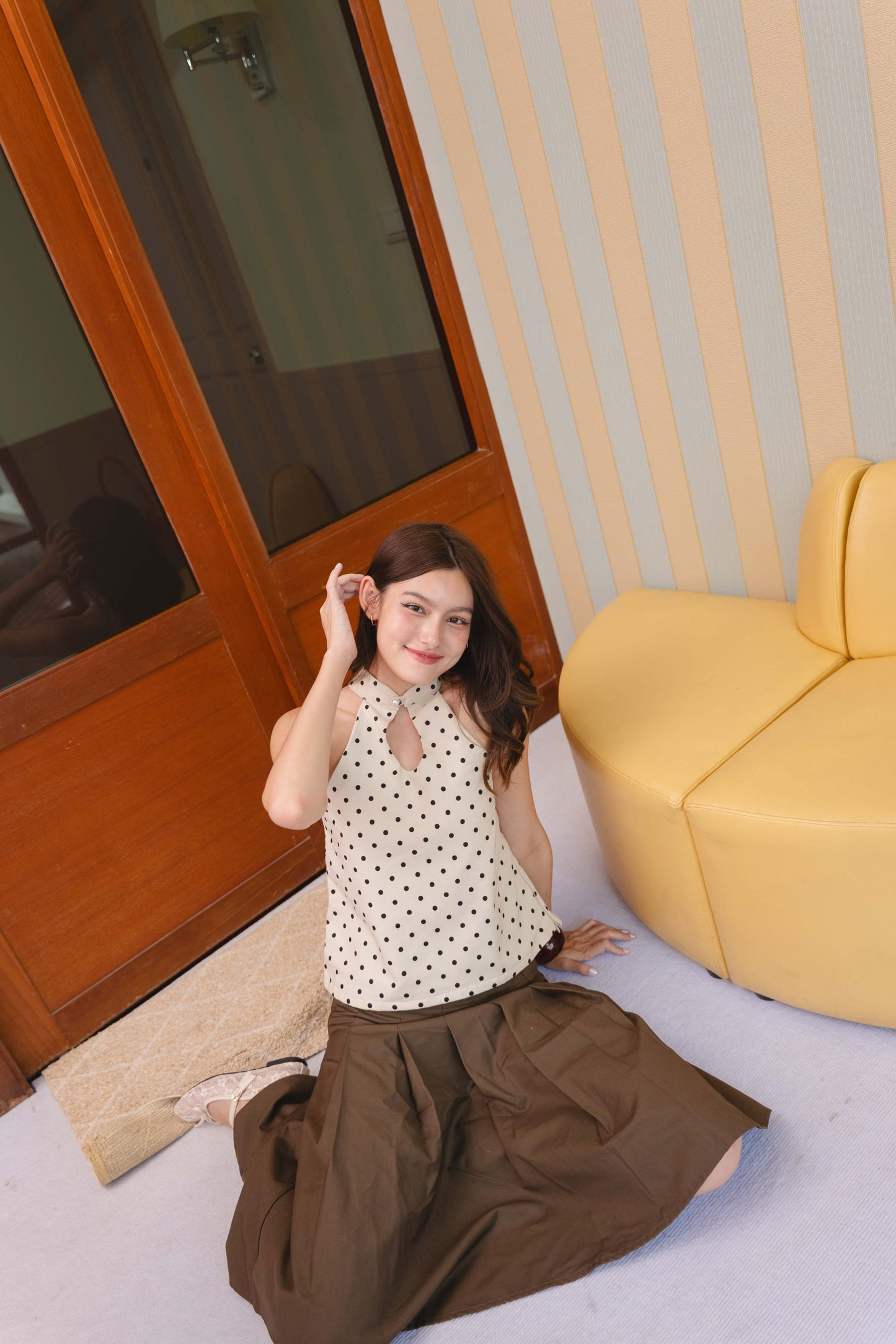 Lola Halter Top in Beige & Black Polka