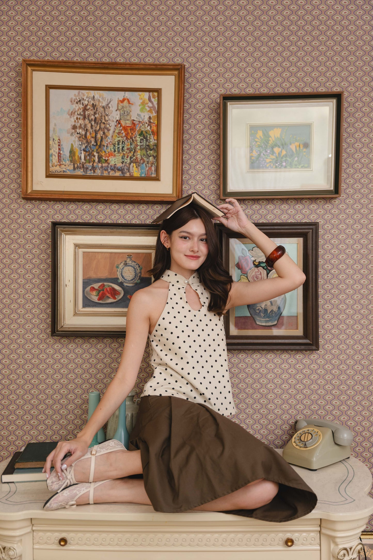 Lola Halter Top in Beige & Black Polka