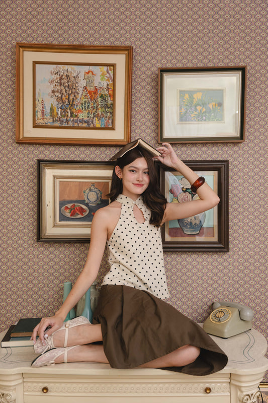 Lola Halter Top in Beige & Black Polka