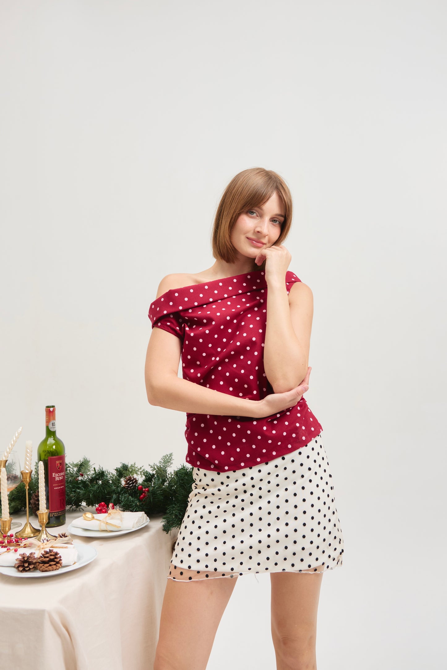 Candice Asymmetrical Top in Maroon Polka