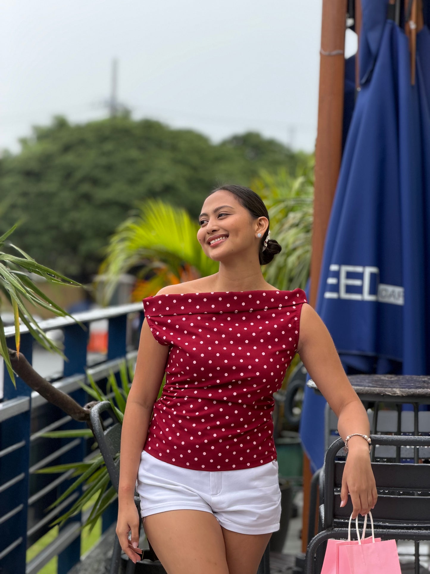 Candice Asymmetrical Top in Maroon Polka