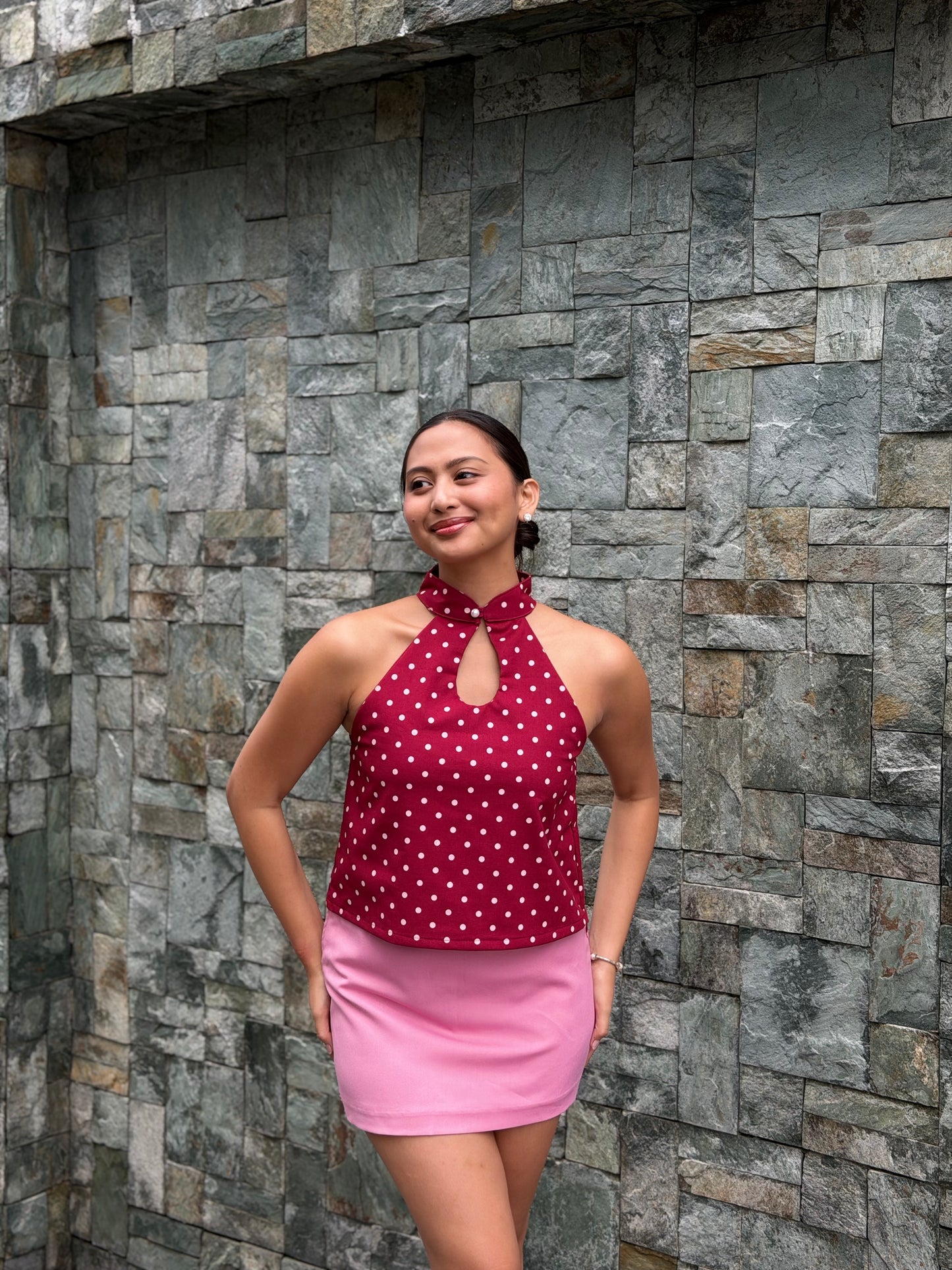 Lola Halter Top in Maroon Polka